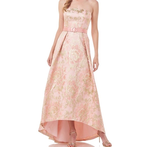 Kay Unger Bella High Low Hem Gown  Size 10 Blush Gold Strapless Belted Pockets - Picture 1 of 10